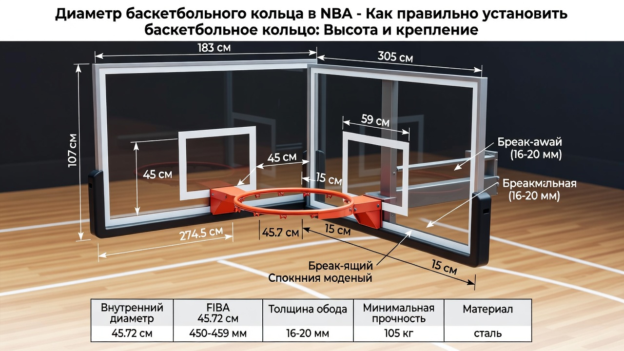 Диаметр баскетбольного кольца в NBA - Как правильно установить баскетбольное кольцо: Высота и крепление